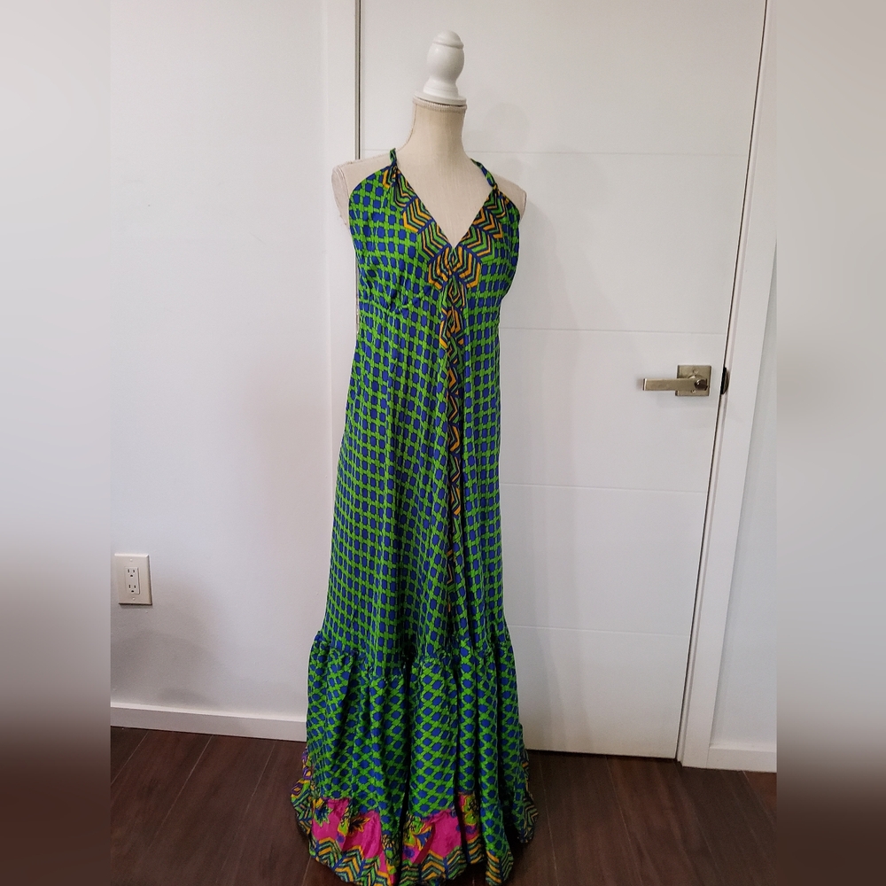 MT Collection Green and Blue Halter Maxi Dress One Size